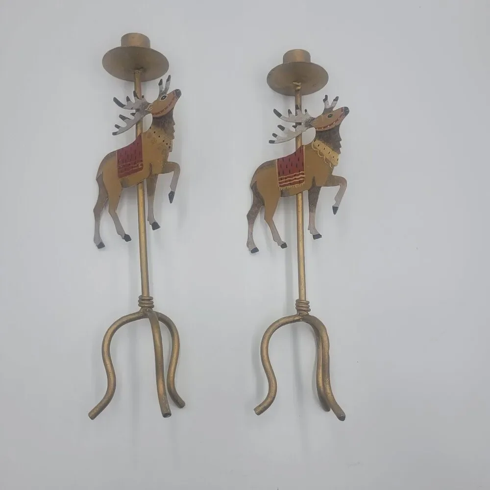 Christmas Metal Reindeer Candle Holder Candlestick Pair Hand Painted Elk Caribou